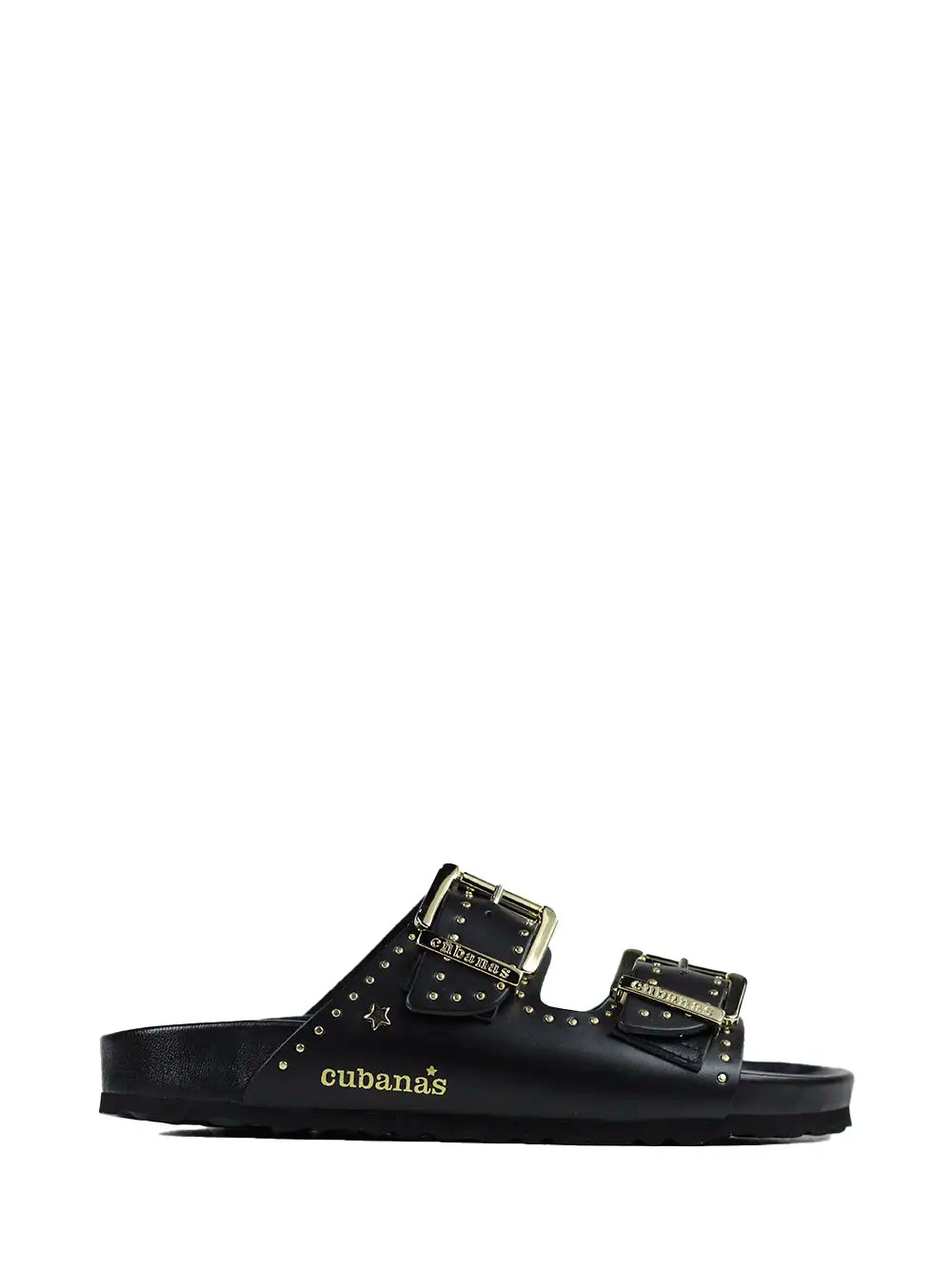 Amalia Sandals in Black Leather with Gold Studs