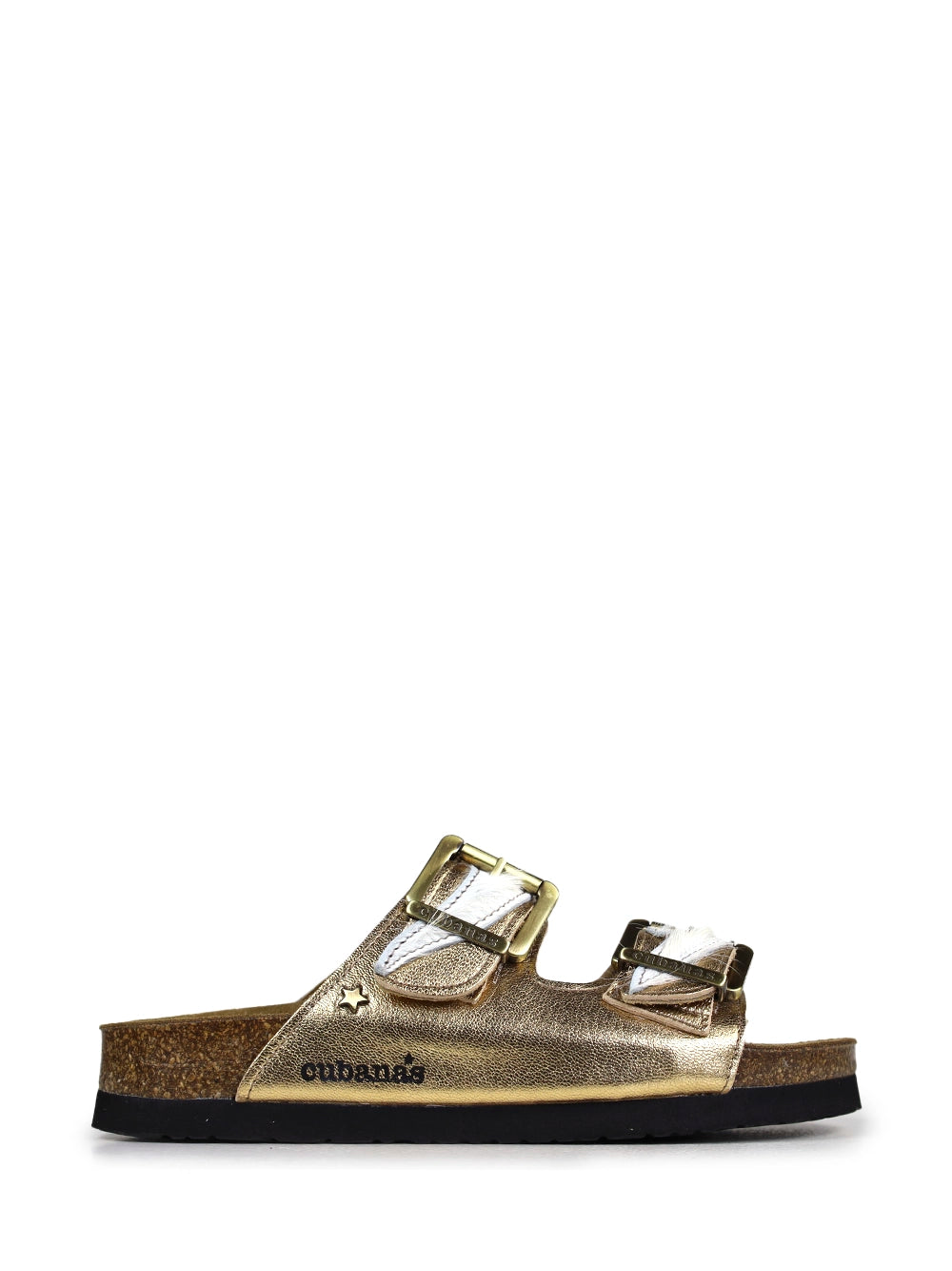 Sandale Amália aus goldenem Leder und Fell