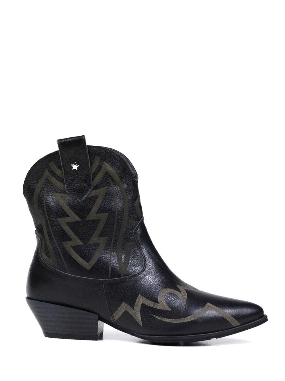 Black Leather Texan Boot with Block Heel