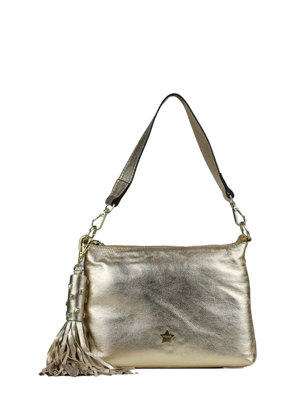 Bolso en Piel Dorada y Detalle de Flecos