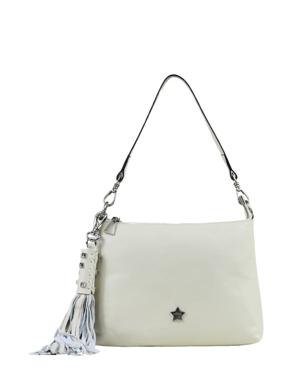Bolso de piel blanca con detalles de flecos