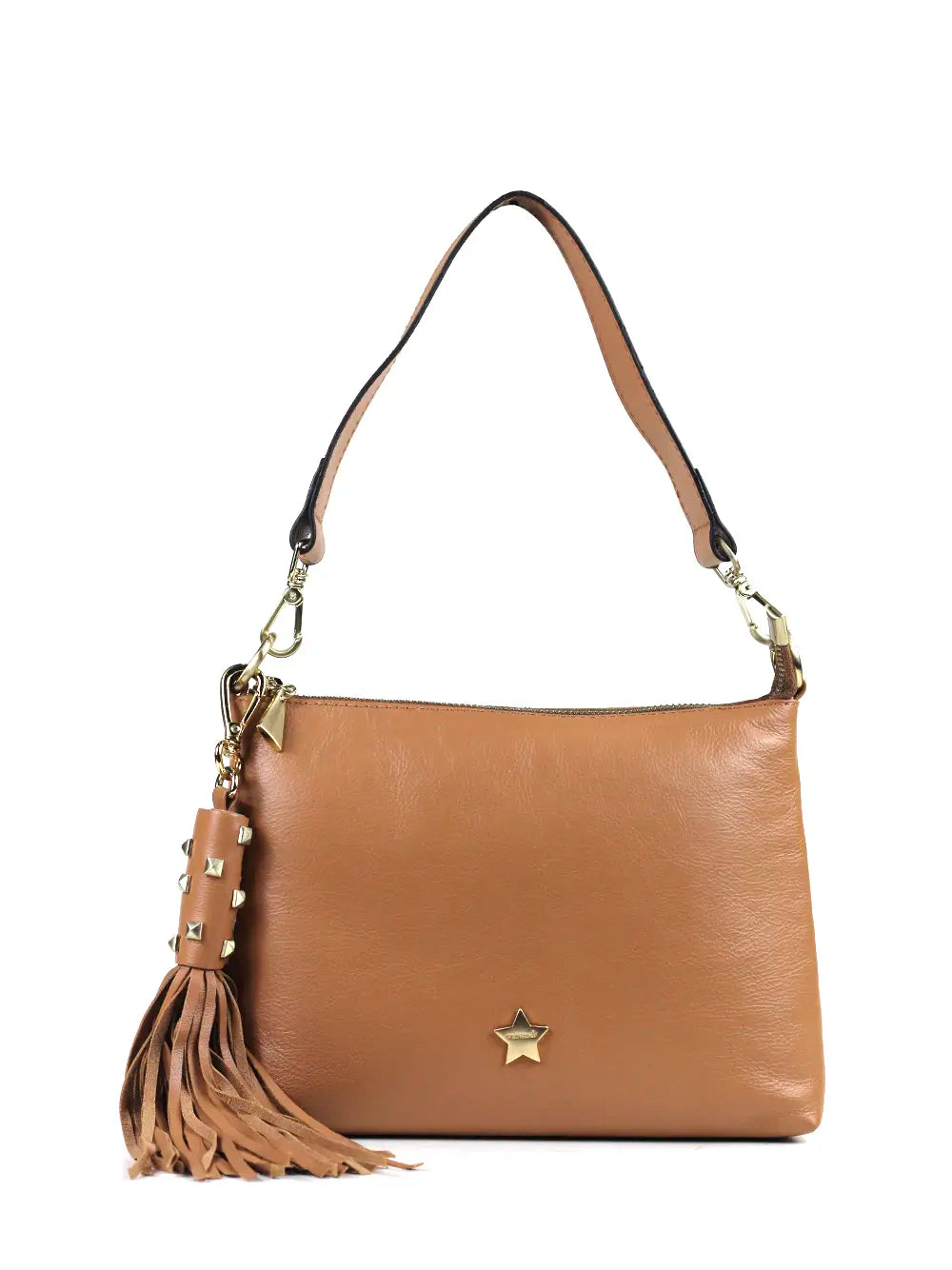 Camel leather bag with fringe detail