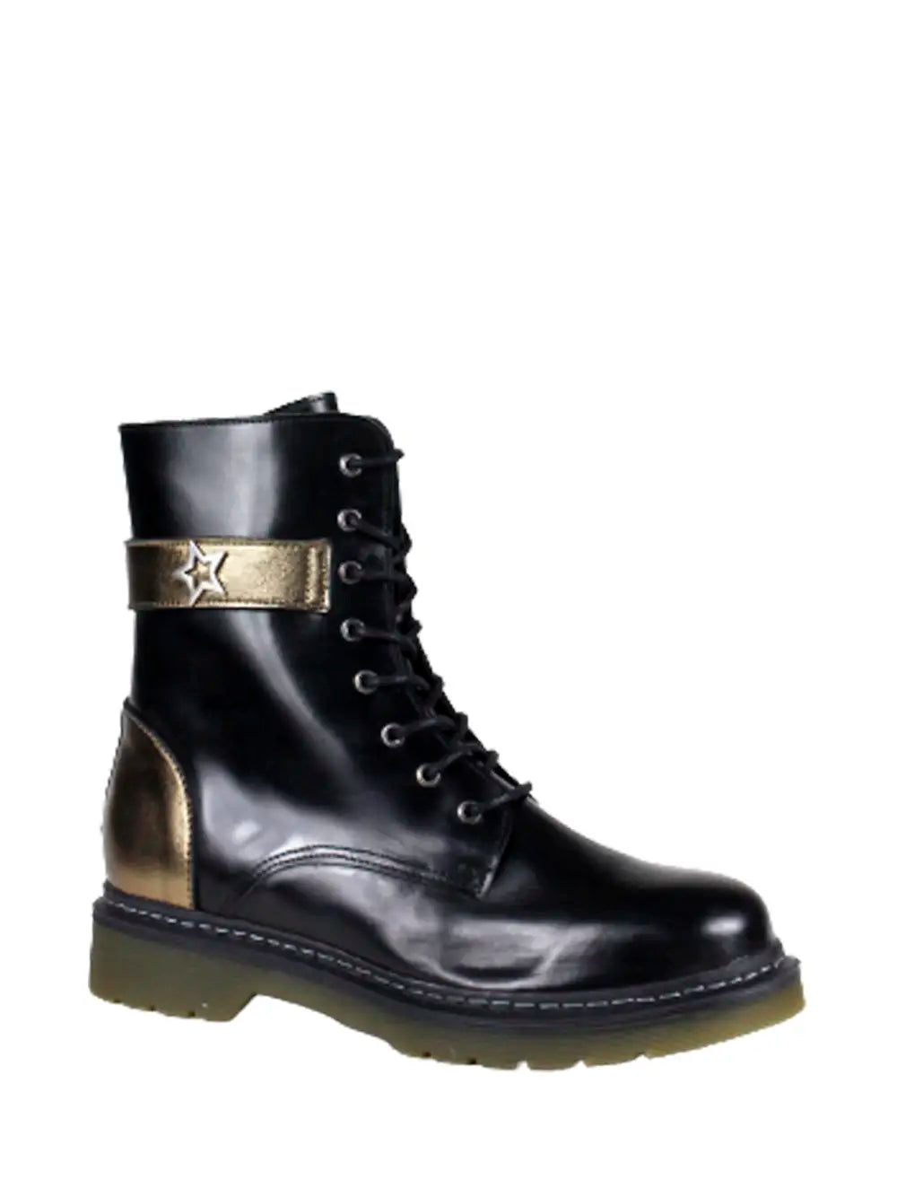Black polished leather boot with metallic details