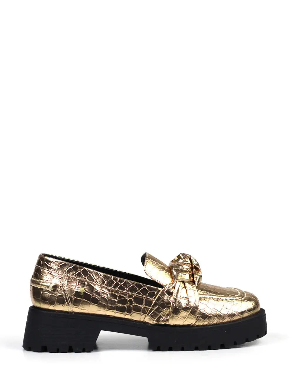 Loafer aus goldenem Leder mit Kroko-Effekt und behandelter Sohle