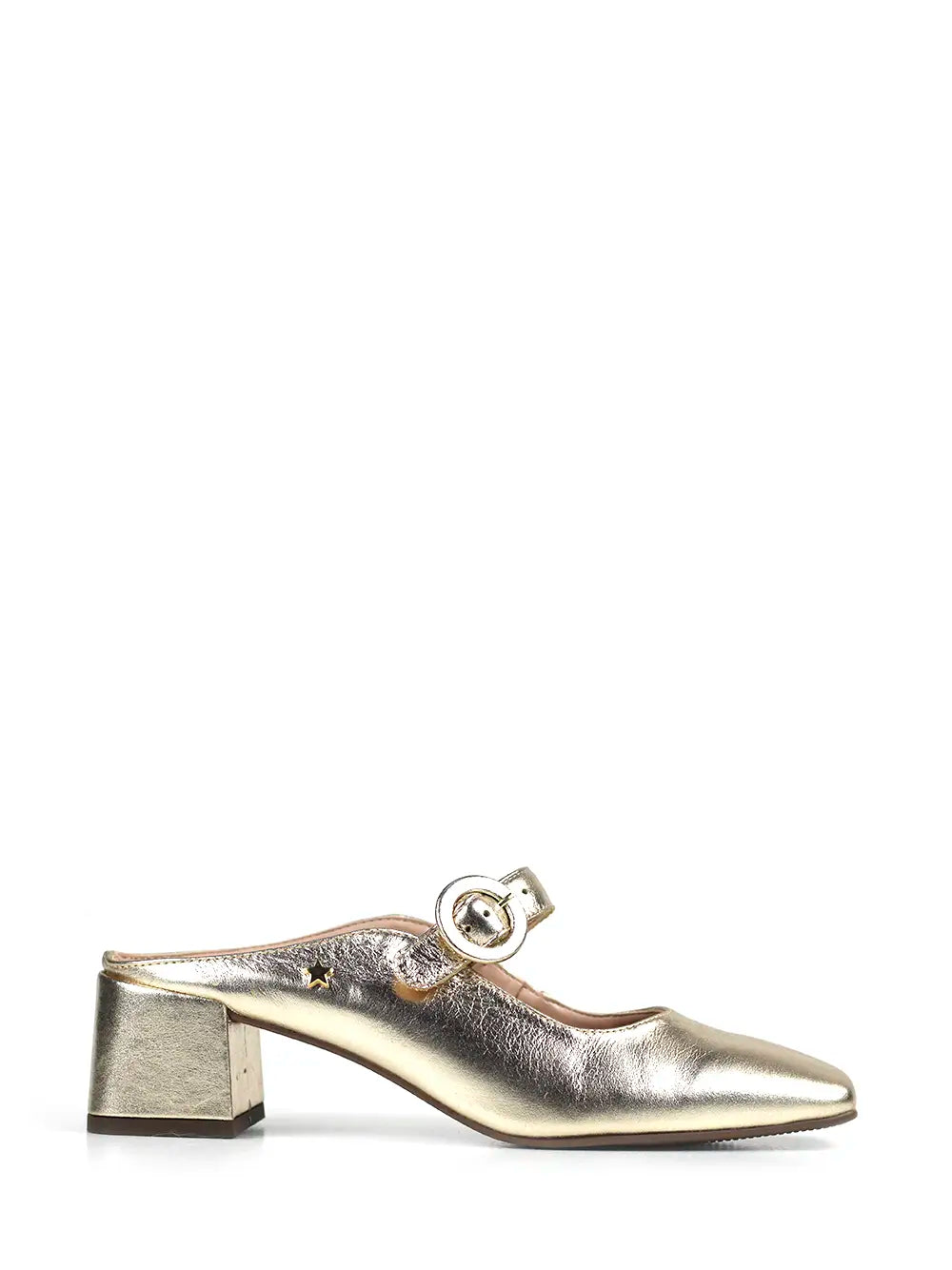 Mule em Pele Dourada e Fecho de Fivela