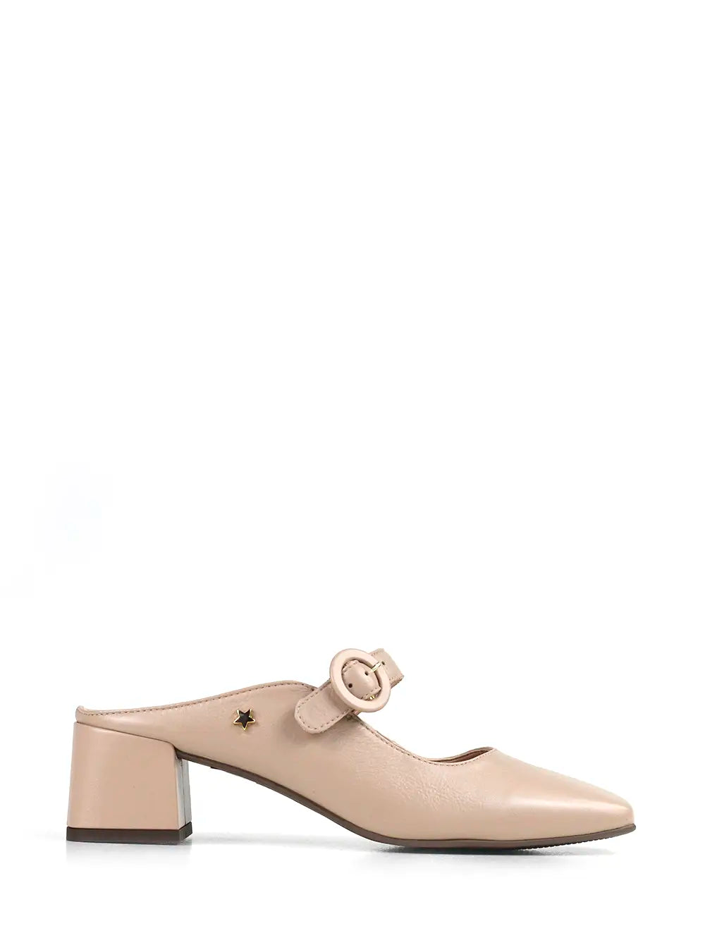 Pink leather mule with buckle closure