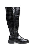 Bota Preta em Pele com Efeito Croco e Cano Alto