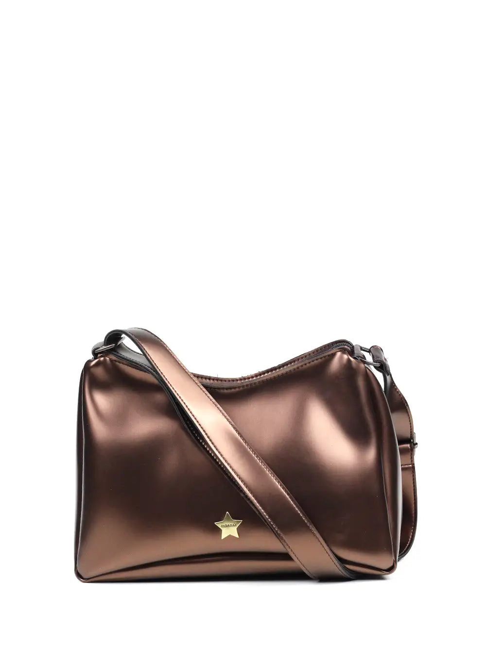 Brown Midi Bag in Metallic Leather with Shoulder Strap