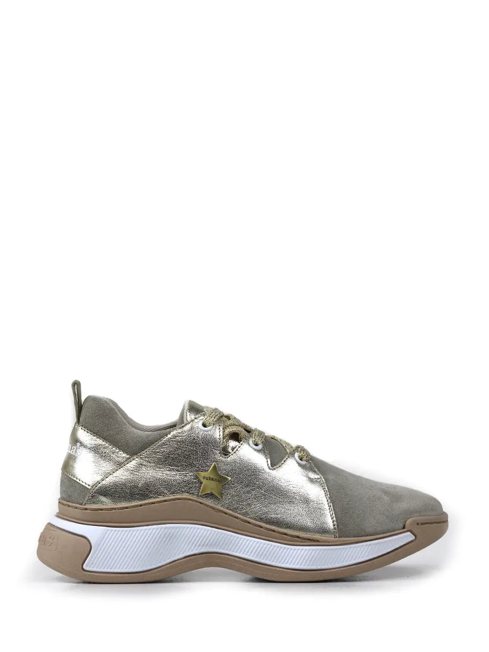 Gold Leather Sneakers with Laces and Chunky Sole