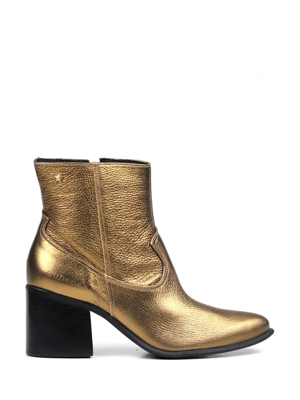 Strukturierter goldener Lederstiefel mit Blockabsatz