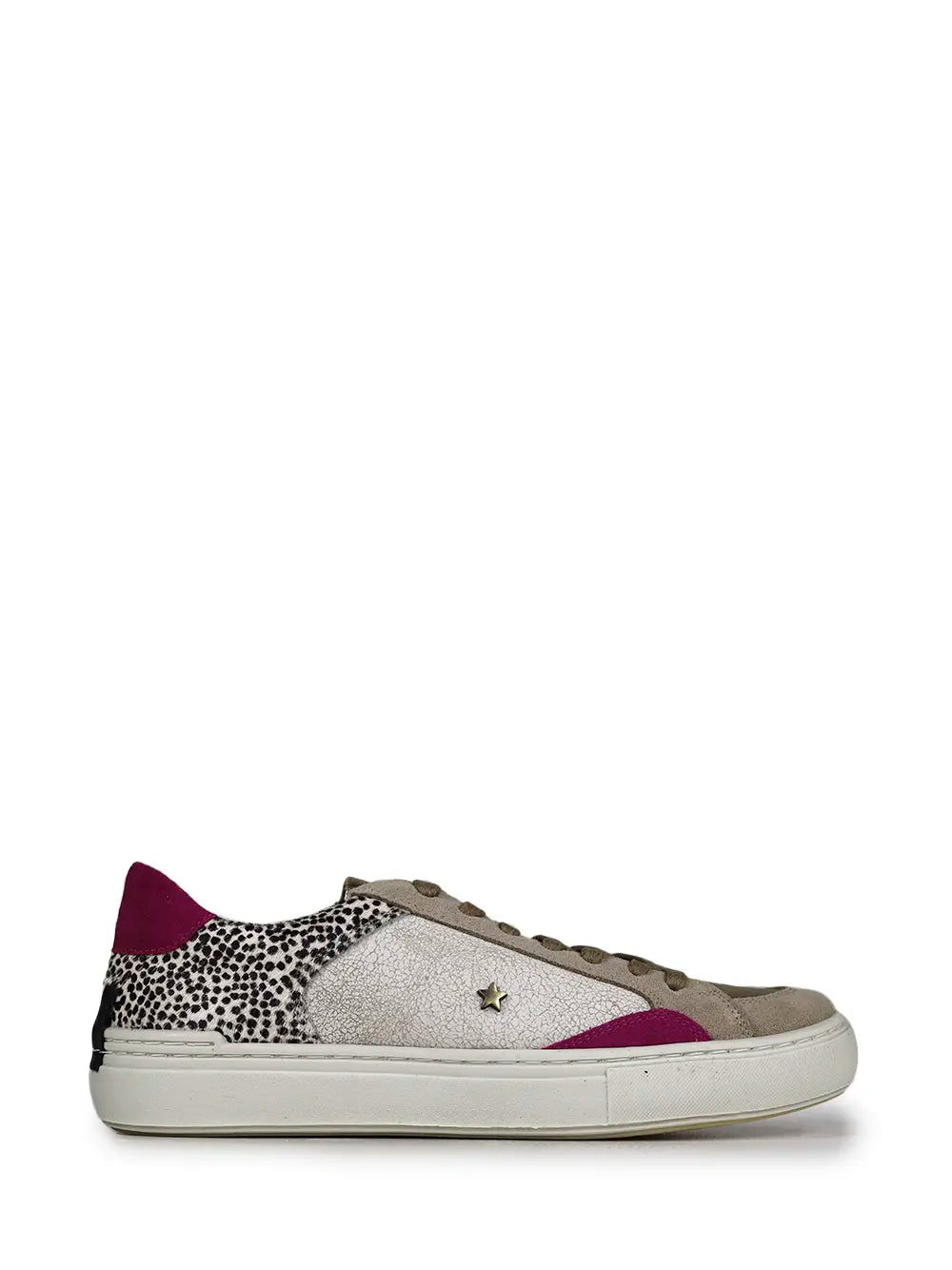 White Leather and Animal Print Fur Trainers