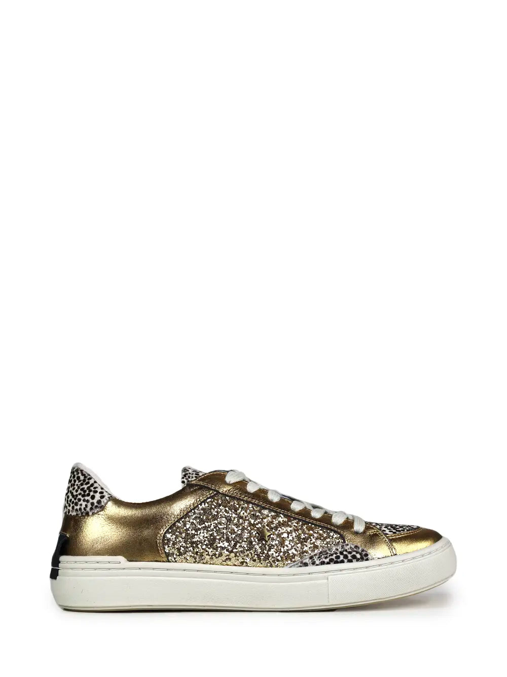 Gold Leather and Animal Print Fur Trainers