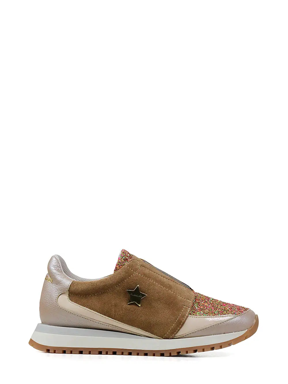 Zapatillas de Piel Beige con Antelina Camel y Purpurina