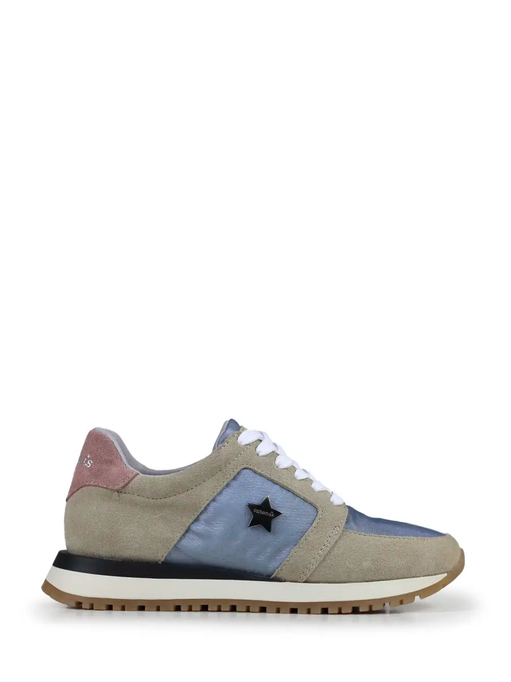 Sneakers aus blauem Stoff und beigem Wildleder