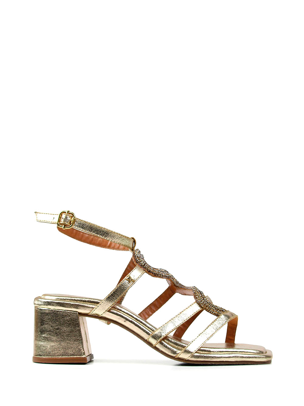 Gold Leather Strappy Sandals with Rhinestones