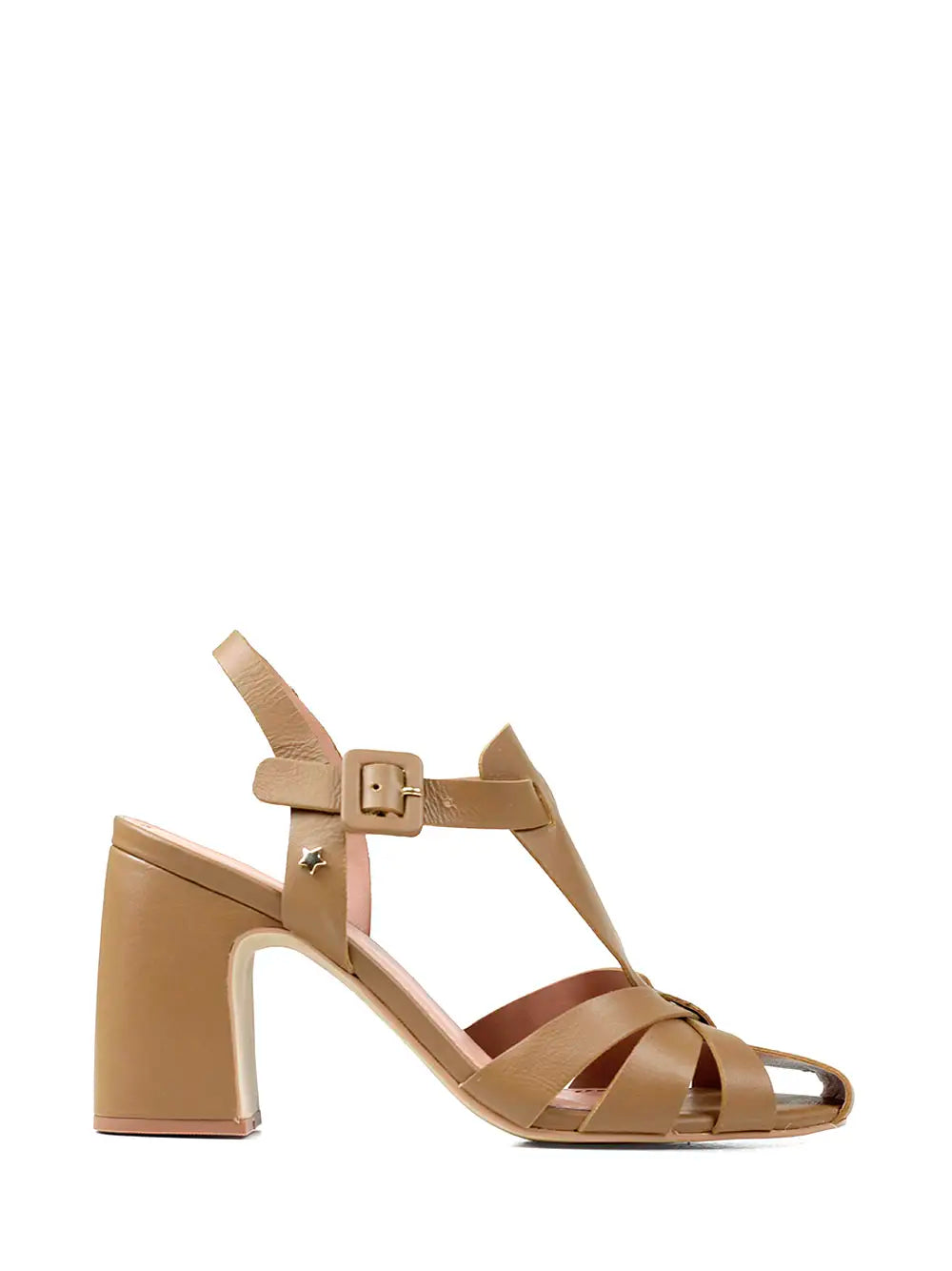 Beige Leather Sandals with Straps and Block Heels