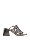 Silver Leather Sandals with Multiple Straps and Block Heel