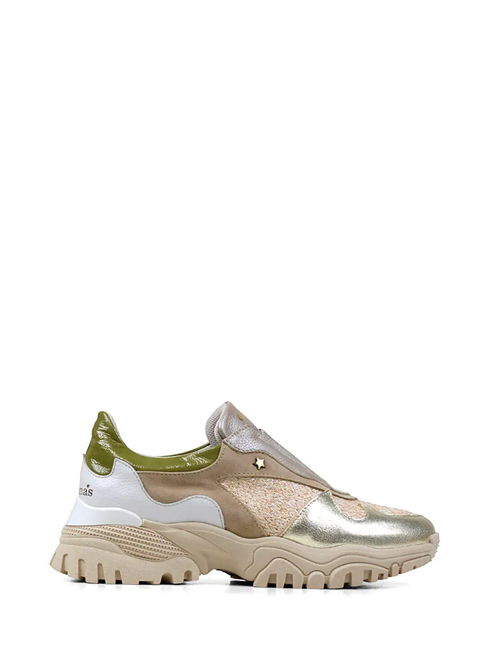 Beige Suede Trainers with Gold and Green Leather