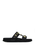 Lucia Sandal in Black Leather with Gold Appliqués