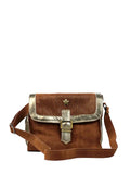 Brown Suede and Gold Leather Bag with Shoulder Strap