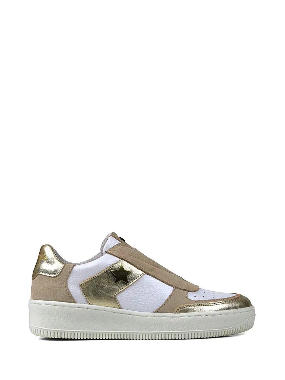 Zapatillas de Cuero Dorado y Blanco con Suela Plana
