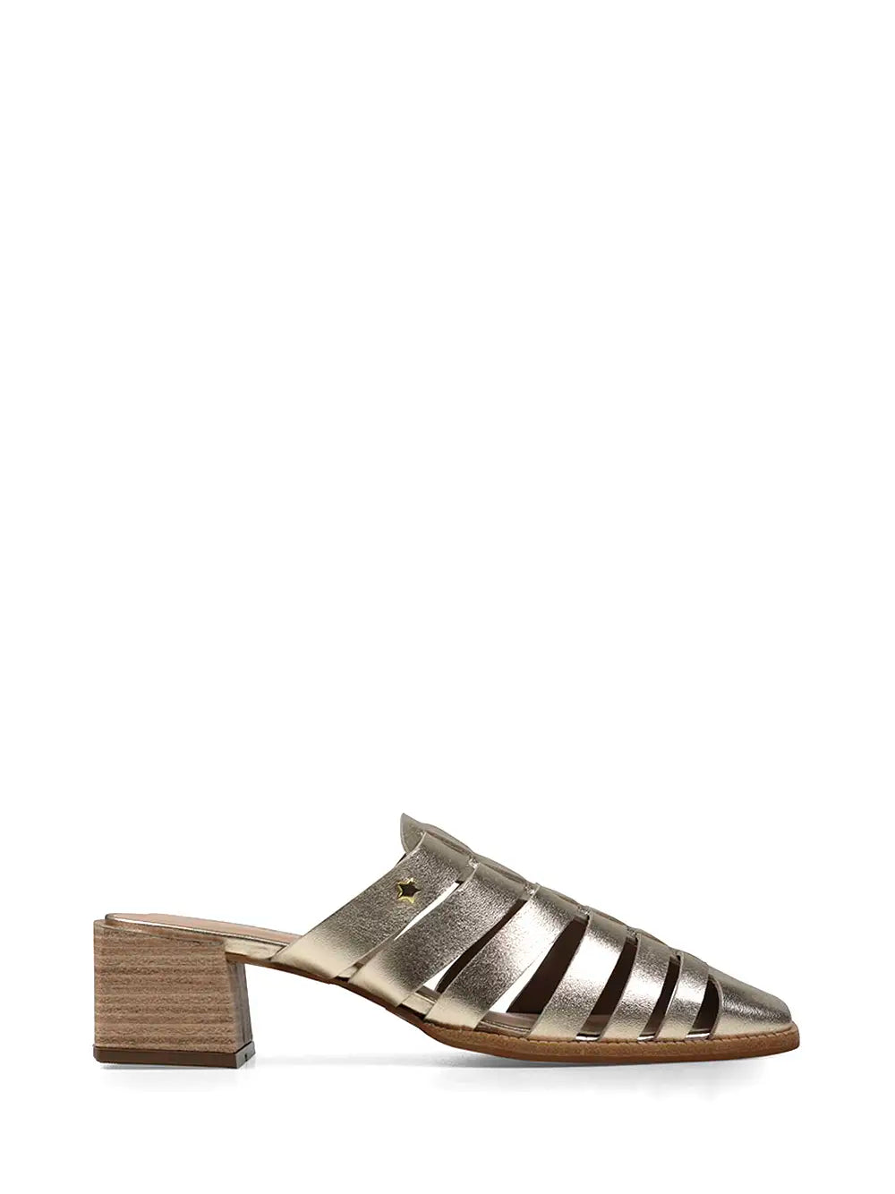 Gold Leather Mule with Straps and Block Heel