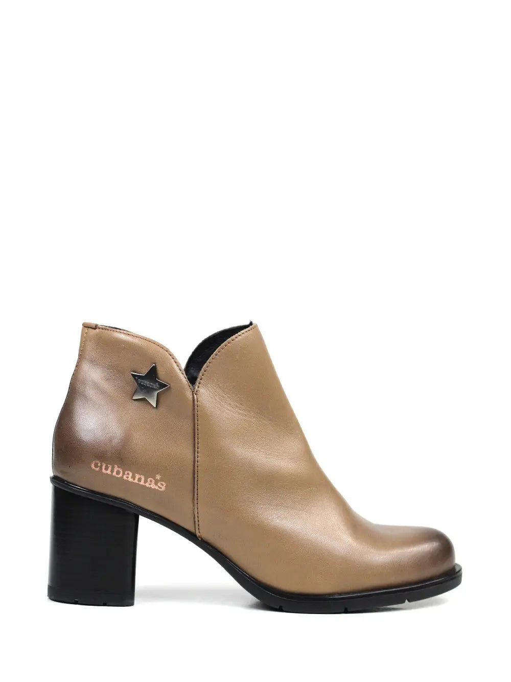 Beige Leather Boot with Block Heel