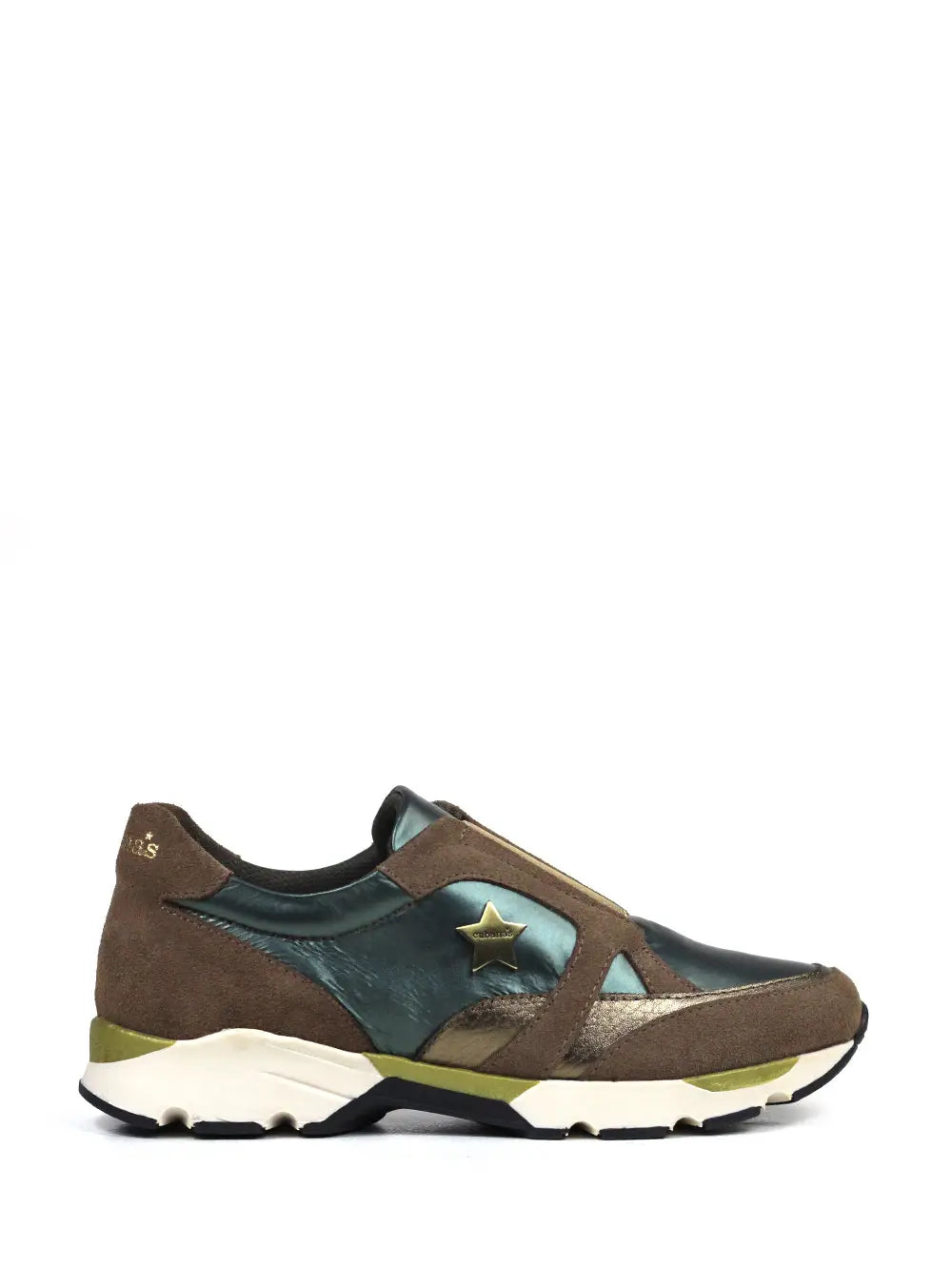Brown Suede and Green Metallic Fabric Trainers