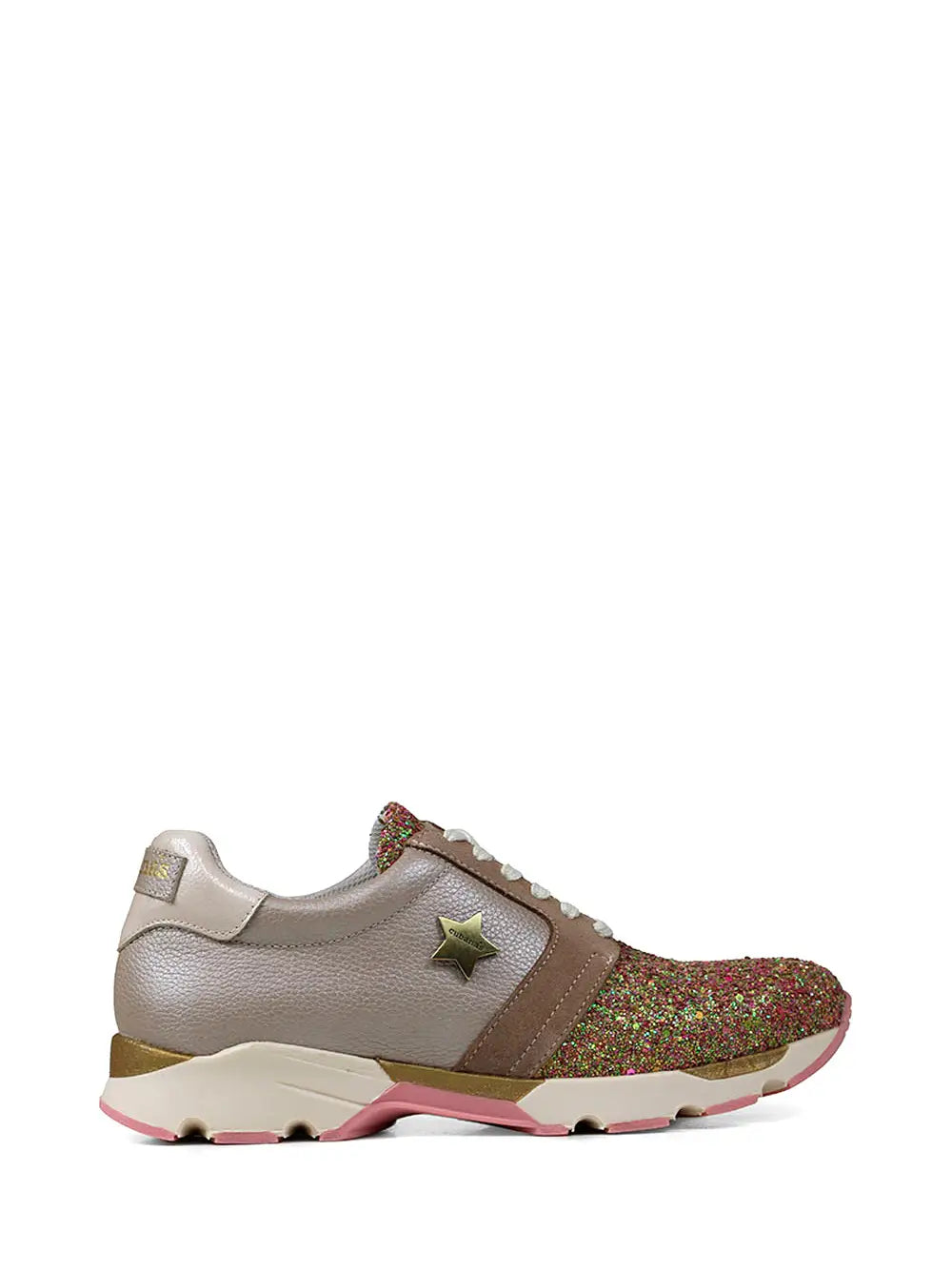 Zapatillas en Piel Beige Metalizada y Detalle de Purpurina