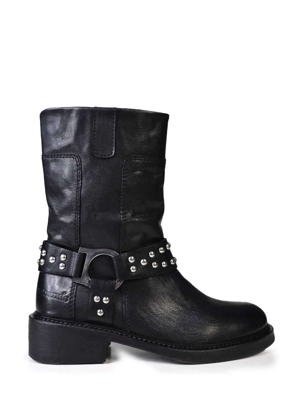 Bota Preta em Pele com Tachas e Cano Alto