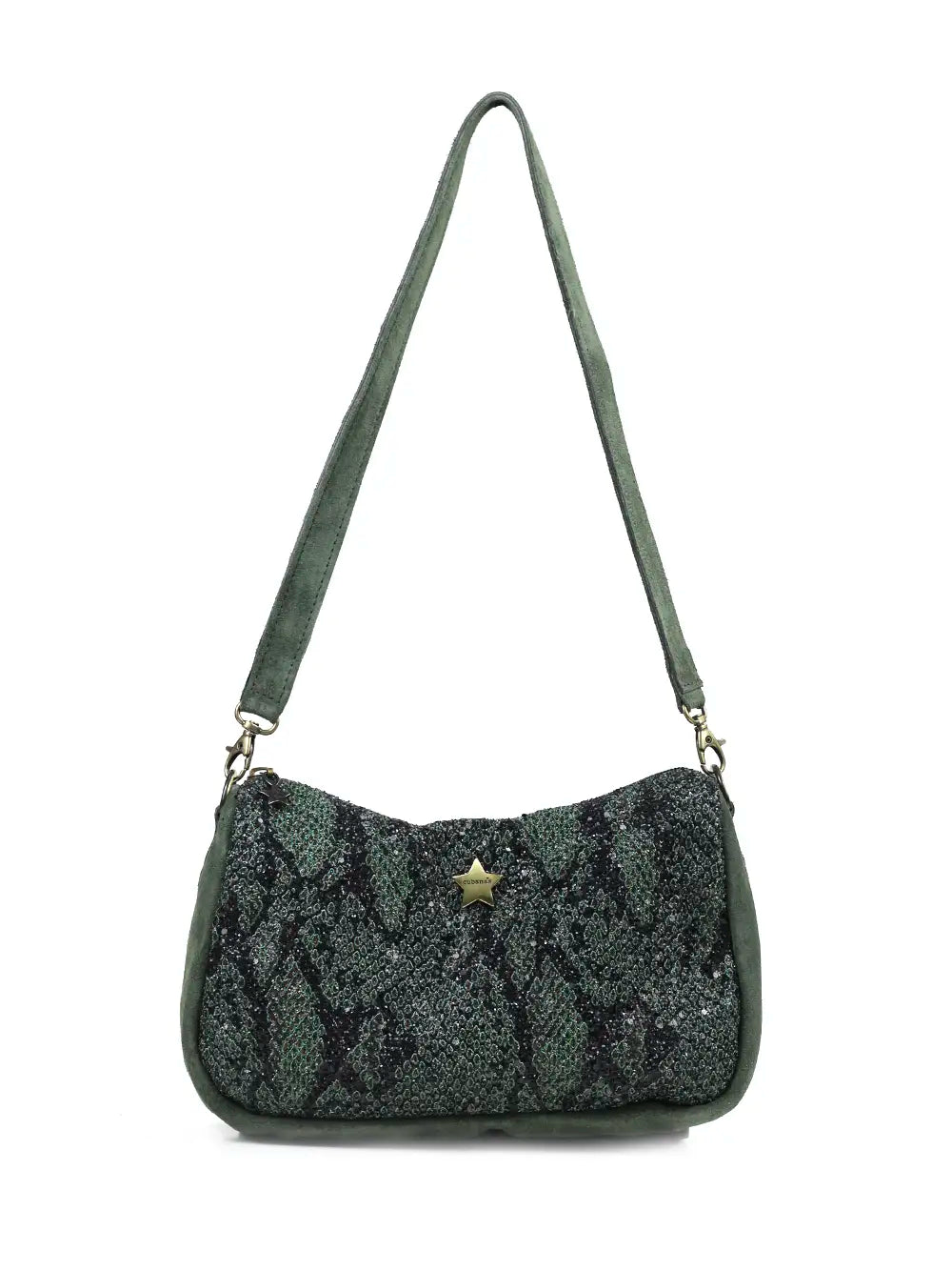 Mochila pequeña de ante verde y purpurina