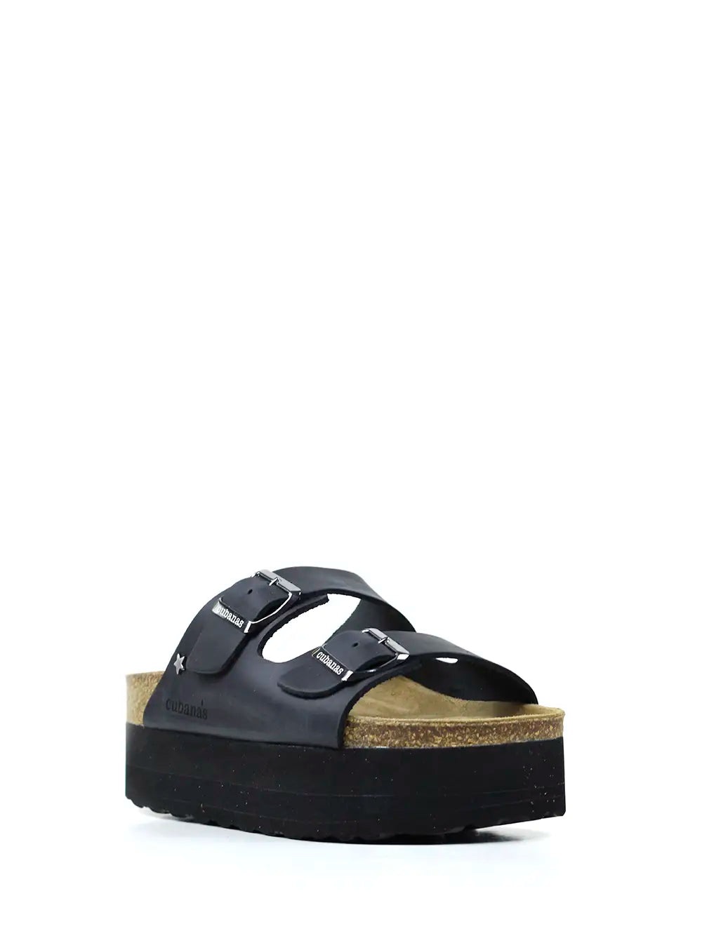 Sandália Amália Plataforma em Pele Preta e Duas Tiras