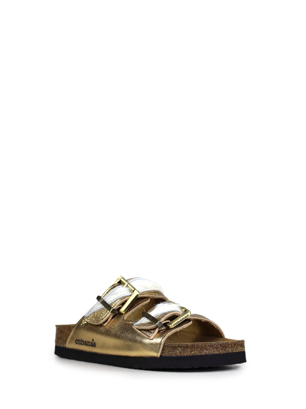 Sandale Amália aus goldenem Leder und Fell