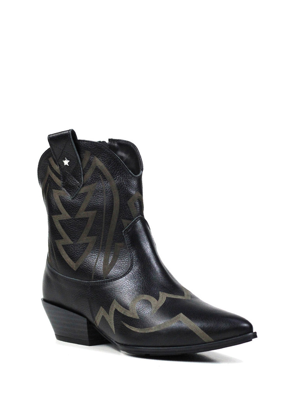 Black Leather Texan Boot with Block Heel