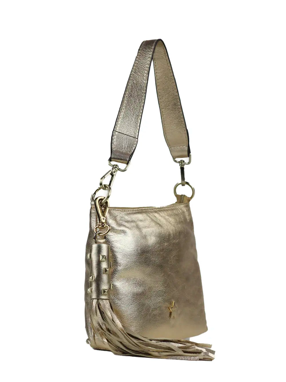 Bolso en Piel Dorada y Detalle de Flecos