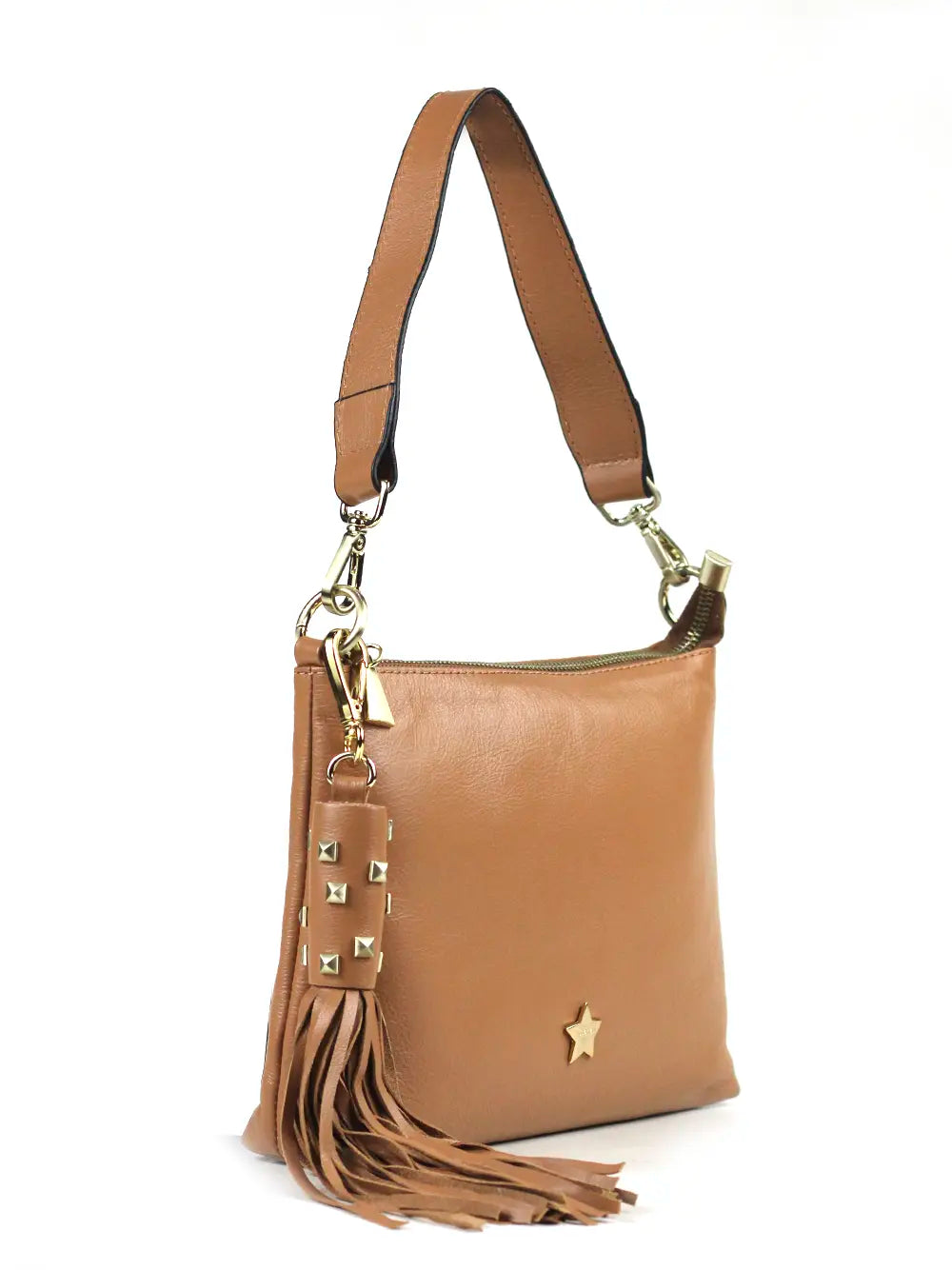 Camel leather bag with fringe detail