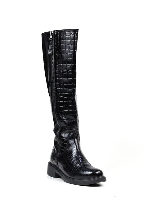 Schwarzer Lederstiefel mit Kroko-Effekt und hohem Schaft