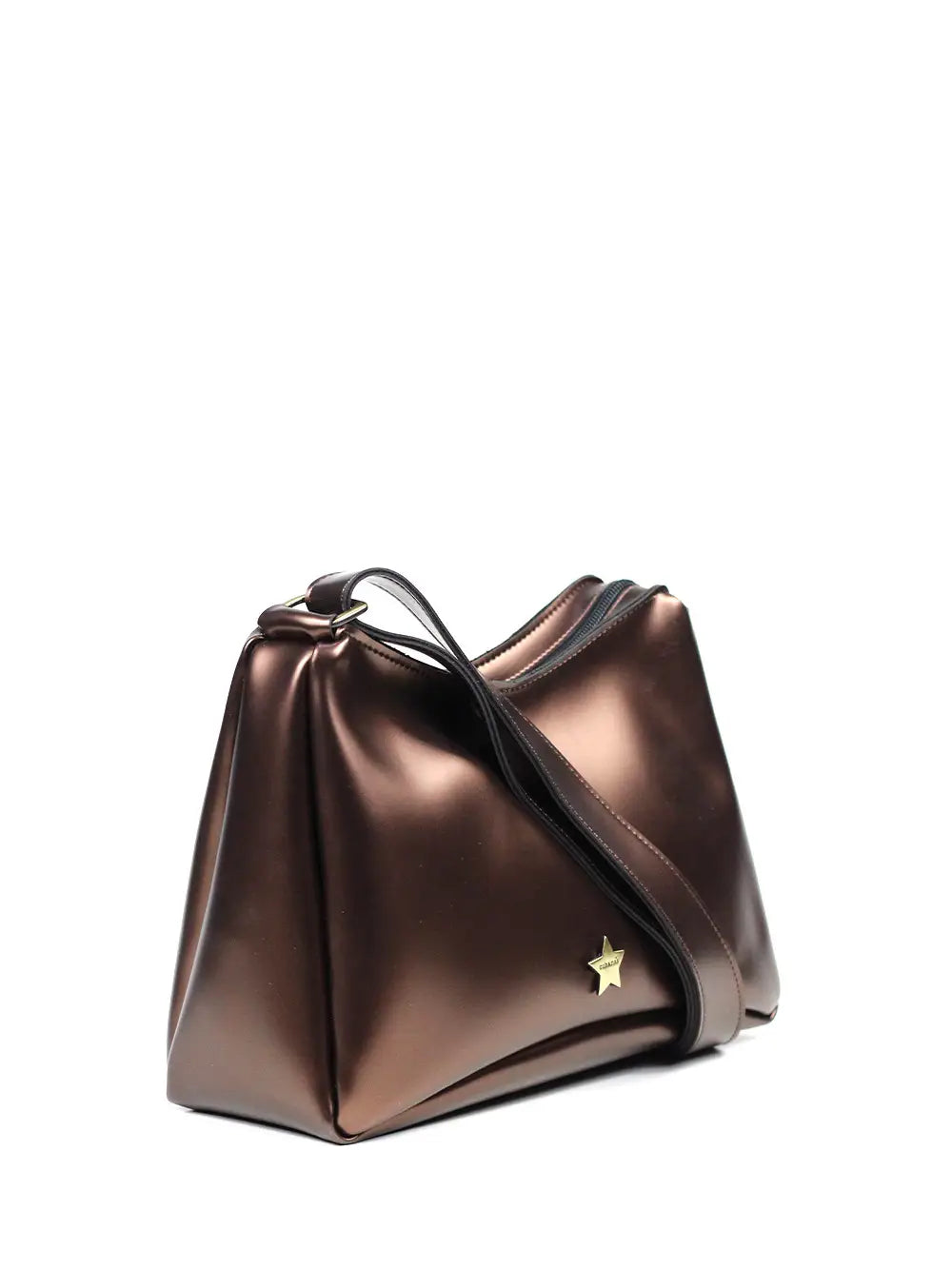Brown Midi Bag in Metallic Leather with Shoulder Strap