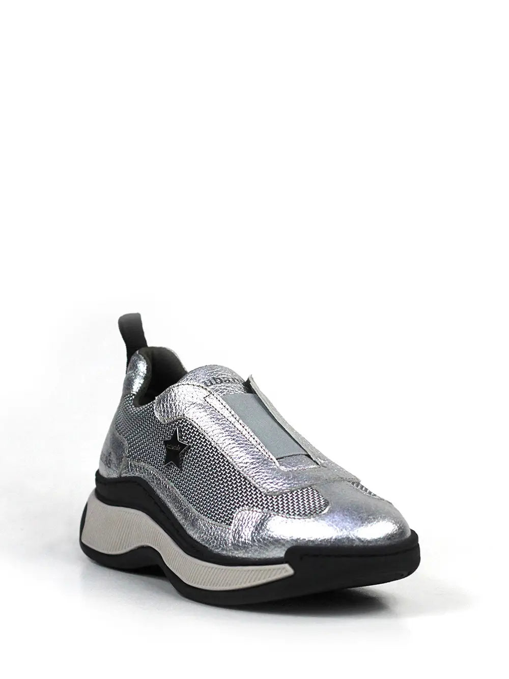 Metallic Silver Leather Sneakers with Chunky Sole