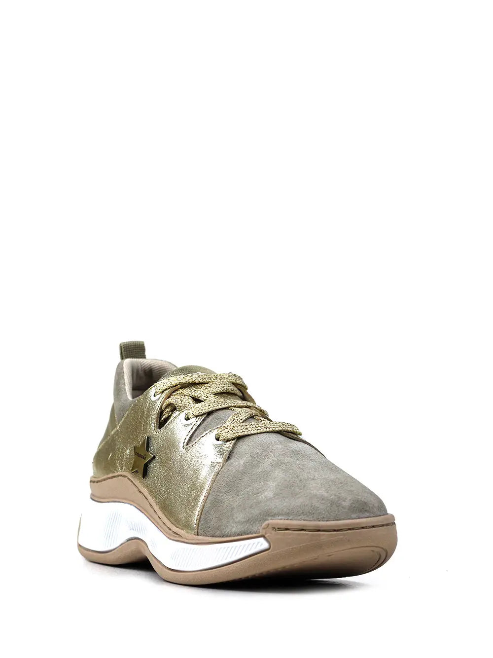 Gold Leather Sneakers with Laces and Chunky Sole