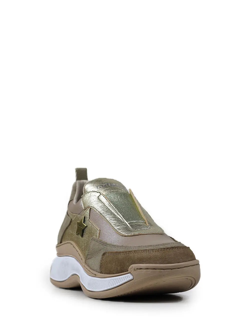 Beige Suede Sneakers with Gold Elastic and Chunky Sole