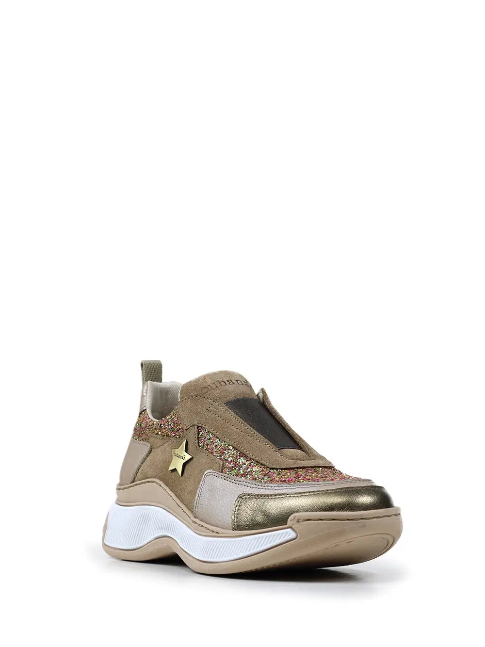 Zapatillas de Piel Beige con Glitter y Suela Voluminosa