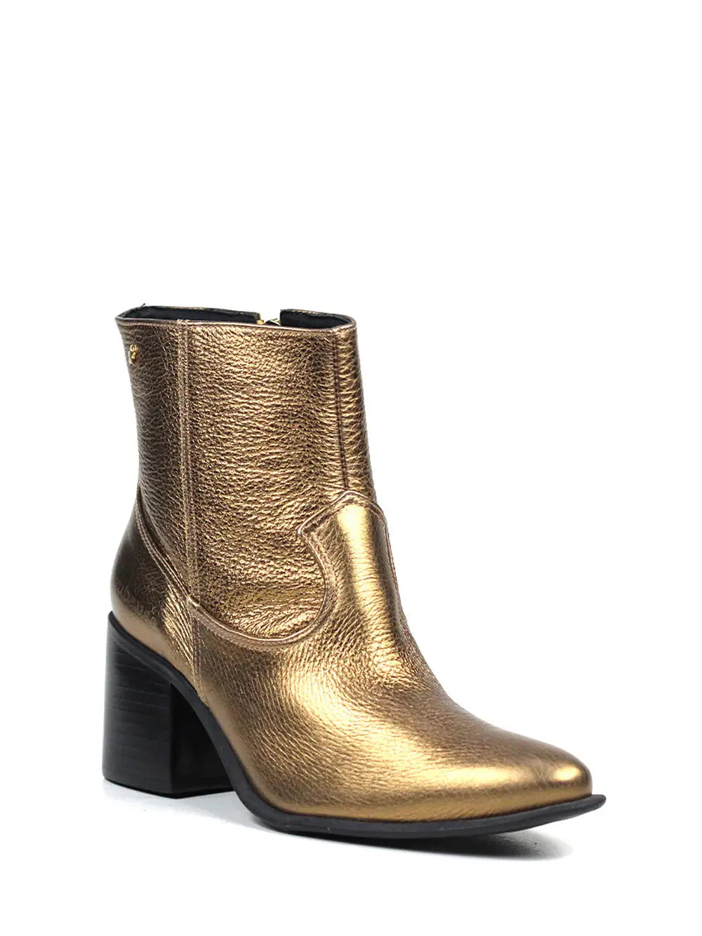 Bota em Pele Dourada Texturizada e Salto Em Bloco