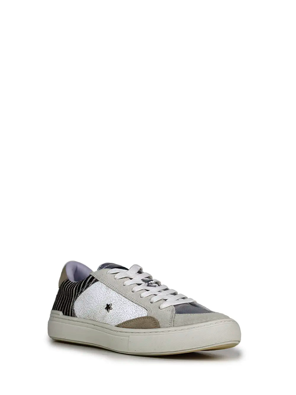 White Leather and Animal Print Fur Trainers