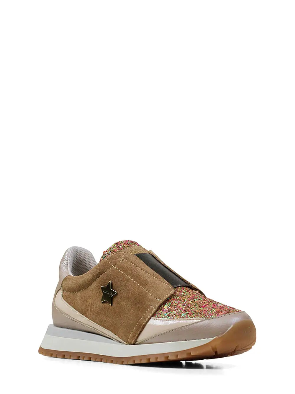 Beige Leather Sneakers with Camel Suede and Glitter