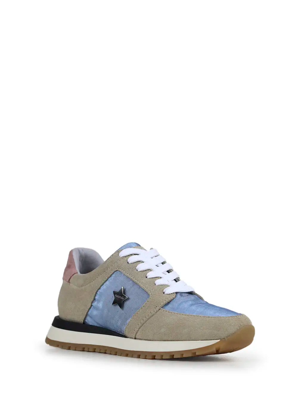 Sneakers aus blauem Stoff und beigem Wildleder