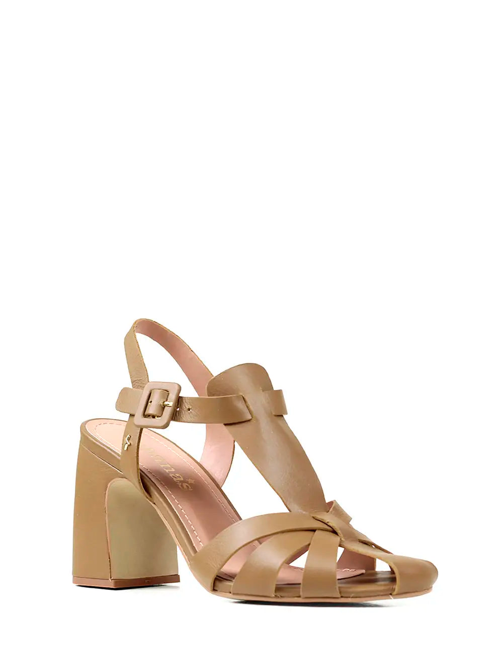 Beige Leather Sandals with Straps and Block Heels