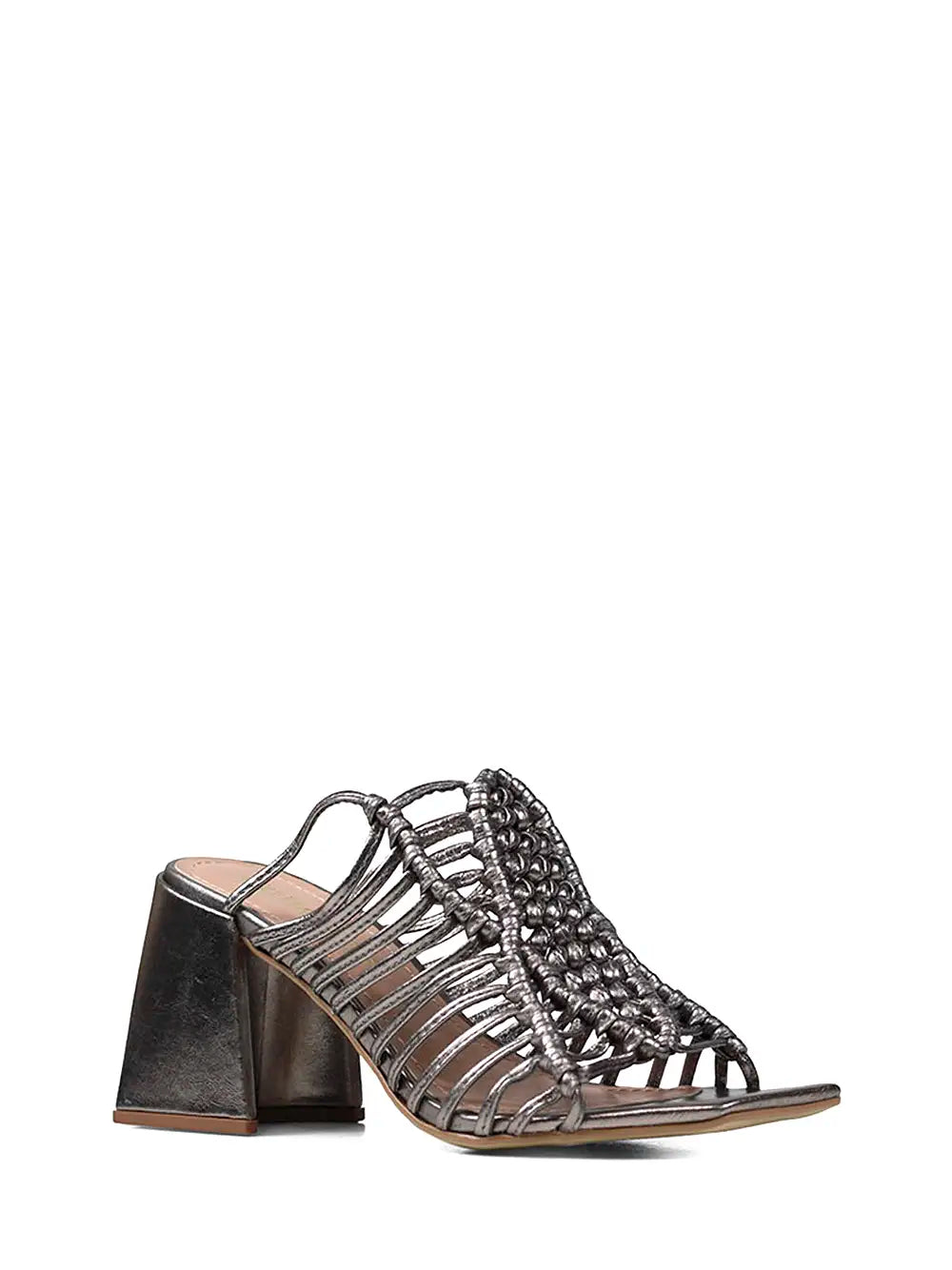Silver Leather Sandals with Multiple Straps and Block Heel