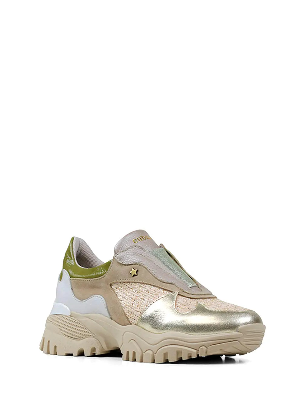 Beige Suede Trainers with Gold and Green Leather