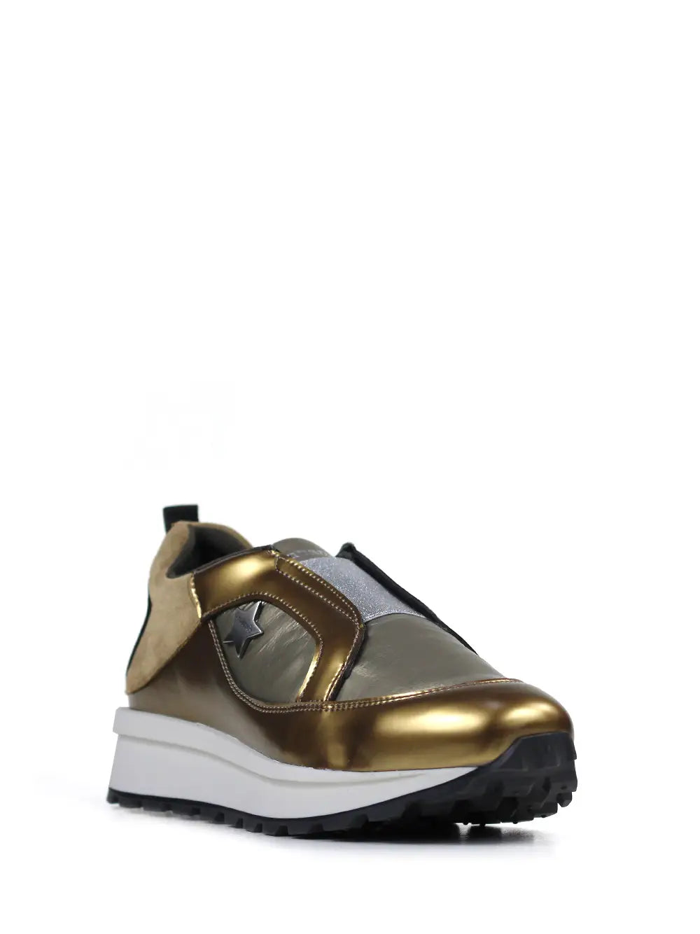 Ténis em Pele Dourada e Sola Volumosa